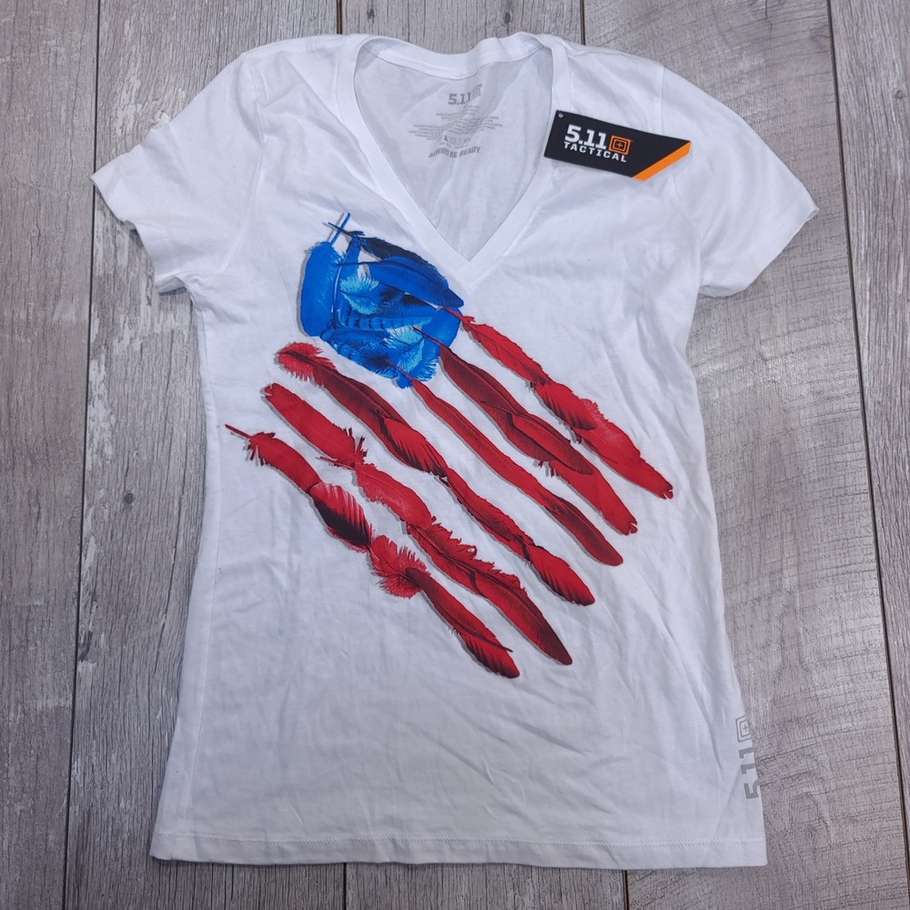 5.11 Tactical Feather Flag Tee Womens Medium White V-Neck Graphic T-Shirt